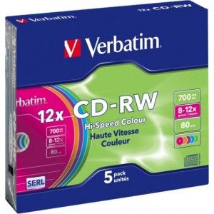 CD-RW VERBATIM 700MB, 80min, viteza 8-12x, 5 buc, carcasa, „Colour 12x” „43167/261910”