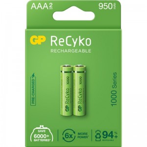 Acumulatori AAA 1000mAh AAA (LR03) 1.2V NiMH, paper box 2 buc. GP Batteries, ReCyko