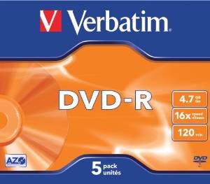 Verbatim DVD-R 4.7Gb 16X Jewel Case Pack of 5 43519