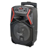 BOXA bluetooth portabila, SPACER , tip troler, RMS: 35W, 8″ woofer, acumulator 3.7V 1800 mAh, input : AUX audio, guitar, USB/microSD, remote control, wireless microphone, black, „SPB-H8-BT” 43501597