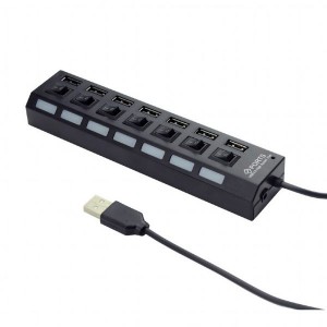 HUB extern cu 7 porturi USB 2.0, alimentare inclusa si intrerupator pe fiecare port, Gembird „UHB-U2P7-03”, negru